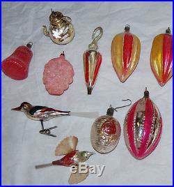 15 Antique Blown Spun Glass Christmas Feather Tree Hand Painted ORNAMENTS