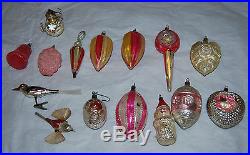 15 Antique Blown Spun Glass Christmas Feather Tree Hand Painted ORNAMENTS