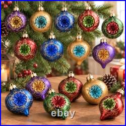16 Pcs Vintage Glass Christmas Ornaments Retro Reflector Baubles Assorted