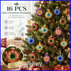16 Pcs Vintage Glass Christmas Ornaments Retro Reflector Baubles Assorted