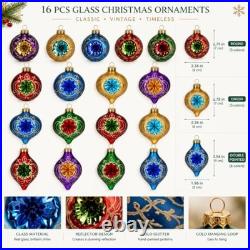 16 Pcs Vintage Glass Christmas Ornaments Retro Reflector Baubles Assorted
