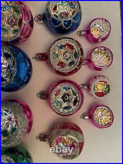 18 Vintage Indent Glass Blown Colorful Glitter Xmas Ornaments includes 4 Minis