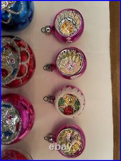18 Vintage Indent Glass Blown Colorful Glitter Xmas Ornaments includes 4 Minis