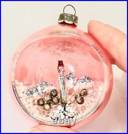 1950s RARE PINK Vintage Mercury Glass 3D Diorama Advent Christmas Ornament Japan