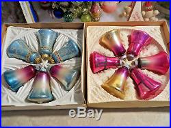 2 Box 12 Vtg Glass Xmas BELL Ornament Pink Blue Mica Shiny Brite Germany glitter