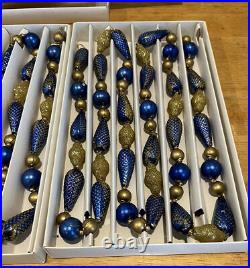 (2) Kurt Adler 6' Blue Gold Christmas Blown Glass Garland Beads Ornament