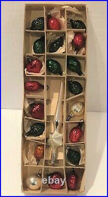 20 Vintage Mercury Glass Feather Tree Christmas Ornaments & Tree Topper In Box