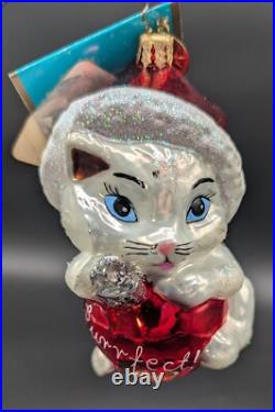 2006 Christopher Radko Meowy Message Purrfect On Heart Glass Christmas Ornament