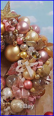 22 Vintage Pink & Gold Glass Christmas Ornament Wreath Spun Glass Angel Holiday