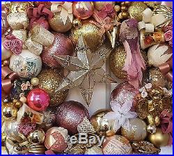 24 Vintage Pink Gold Glass Christmas Ornament Wreath Tree Topper Star Victorian