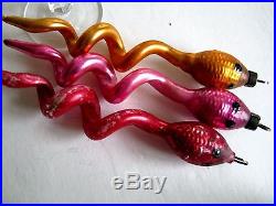 3 Antique Christmas Ornaments, Glass Snakes, Red, Pink, Orange
