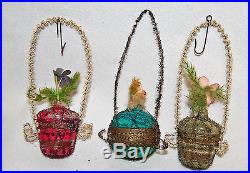 3 Antique GERMAN Wire Wrapped Blown Glass Flower Baskets Christmas Ornaments