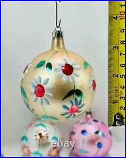 3 Vintage Jumbo Poland Fantasia Flower Pink Gold Silver Glass Christmas Ornament