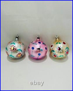 3 Vintage Jumbo Poland Fantasia Flower Pink Gold Silver Glass Christmas Ornament