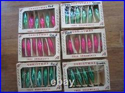 38 Vintage Green & Pink Glass Teardrop Oblong Christmas Ornaments Boxed