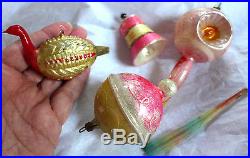 4 1900 Blown Glass Xmas Ornaments Embossed Bird Dbl Indent Icicle Bell Balloon