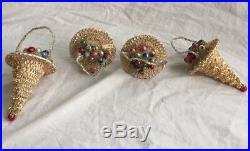 4 ANTIQUE CHRISTMAS ORNAMENTS Vintage Japan Cone Cornucopia/Mercury Glass Bulbs
