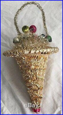 4 ANTIQUE CHRISTMAS ORNAMENTS Vintage Japan Cone Cornucopia/Mercury Glass Bulbs