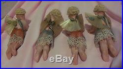 4 ANTIQUE GERMANY WAX ANGEL CHRISTMAS ORNAMENTS w WIG & SPUN GLASS WINGS VINTAGE