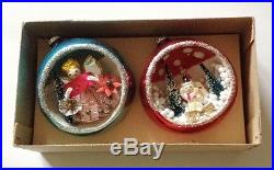 4 JUMBO Diorama Glass Christmas Ornaments Angels & Snowman Vintage Japan withBoxes