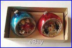 4 JUMBO Diorama Glass Christmas Ornaments Angels & Snowman Vintage Japan withBoxes