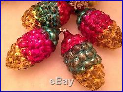 4 Pretty Tri-Color Pink Teal Gold Pine Cone Glass Glitter Xmas Ornaments Germany