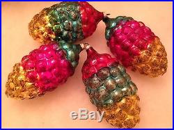 4 Pretty Tri-Color Pink Teal Gold Pine Cone Glass Glitter Xmas Ornaments Germany