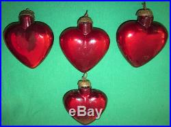 4 Red Glass Kugel Heart Christmas Tree Ornament