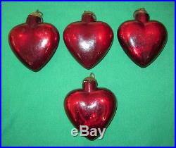4 Red Glass Kugel Heart Christmas Tree Ornament