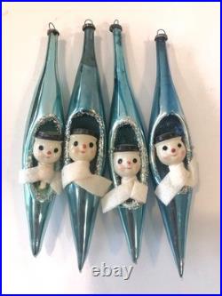 4 Snowman Blue Mercury Glass Teardrop Christmas Ornament Diorama Japan Vintage 4 Snowman Blue Mercury Glass Teardrop Christmas Ornament Diorama Japan Vintage