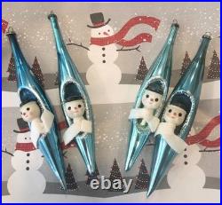 4 Snowman Blue Mercury Glass Teardrop Christmas Ornament Diorama Japan Vintage 4 Snowman Blue Mercury Glass Teardrop Christmas Ornament Diorama Japan Vintage