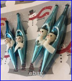 4 Snowman Blue Mercury Glass Teardrop Christmas Ornament Diorama Japan Vintage 4 Snowman Blue Mercury Glass Teardrop Christmas Ornament Diorama Japan Vintage