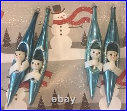 4 Snowman Blue Mercury Glass Teardrop Christmas Ornament Diorama Japan Vintage 4 Snowman Blue Mercury Glass Teardrop Christmas Ornament Diorama Japan Vintage