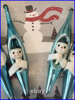 4 Snowman Blue Mercury Glass Teardrop Christmas Ornament Diorama Japan Vintage 4 Snowman Blue Mercury Glass Teardrop Christmas Ornament Diorama Japan Vintage