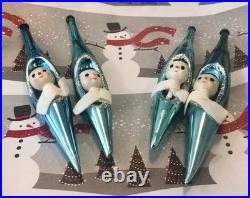 4 Snowman Blue Mercury Glass Teardrop Christmas Ornament Diorama Japan Vintage 4 Snowman Blue Mercury Glass Teardrop Christmas Ornament Diorama Japan Vintage