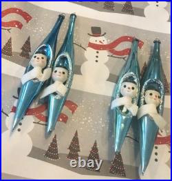 4 Snowman Blue Mercury Glass Teardrop Christmas Ornament Diorama Japan Vintage 4 Snowman Blue Mercury Glass Teardrop Christmas Ornament Diorama Japan Vintage