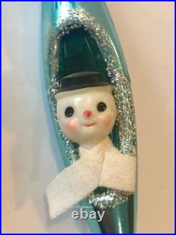 4 Snowman Blue Mercury Glass Teardrop Christmas Ornament Diorama Japan Vintage 4 Snowman Blue Mercury Glass Teardrop Christmas Ornament Diorama Japan Vintage