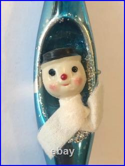 4 Snowman Blue Mercury Glass Teardrop Christmas Ornament Diorama Japan Vintage 4 Snowman Blue Mercury Glass Teardrop Christmas Ornament Diorama Japan Vintage