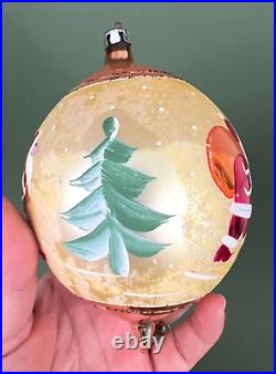 4 VTG Poland Painted Jumbo Glass Teardrop Christmas Ornaments Santa Bell 5.5'