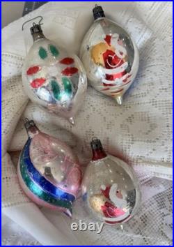 4 Vintage Handpainted SANTA FLOWER Lg Lemon Teardrop Christmas Ornaments Poland
