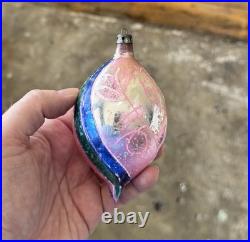 4 Vintage Handpainted SANTA FLOWER Lg Lemon Teardrop Christmas Ornaments Poland