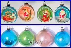 4 Vintage MERCURY GLASS DIORAMA Christmas ORNAMENTS Santas Angels JAPAN 1960 HTF