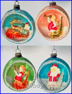 4 Vintage MERCURY GLASS DIORAMA Christmas ORNAMENTS Santas Angels JAPAN 1960 HTF
