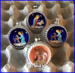 4 Vtg 3d Diorama Mercury Glass Celluloid Xmas Ornaments Pink Fawn Angel Jesus