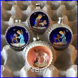 4 Vtg 3d Diorama Mercury Glass Celluloid Xmas Ornaments Pink Fawn Angel Jesus