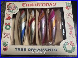 4 Vtg Glass Candy Stripe Torpedo Teardrop Christmas Ornaments 60's Poland withBox