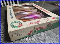 4 Vtg Glass Candy Stripe Torpedo Teardrop Christmas Ornaments 60's Poland withBox