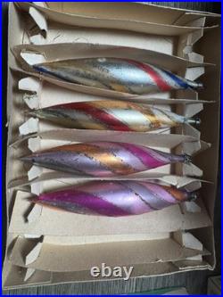 4 Vtg Glass Candy Stripe Torpedo Teardrop Christmas Ornaments 60's Poland withBox