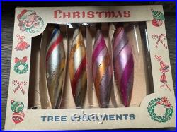 4 Vtg Glass Candy Stripe Torpedo Teardrop Christmas Ornaments 60's Poland withBox