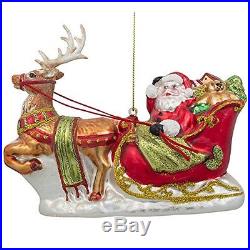 5.75in Santa Claus Sleigh and Reindeer Blown Glass Christmas Ornament, New